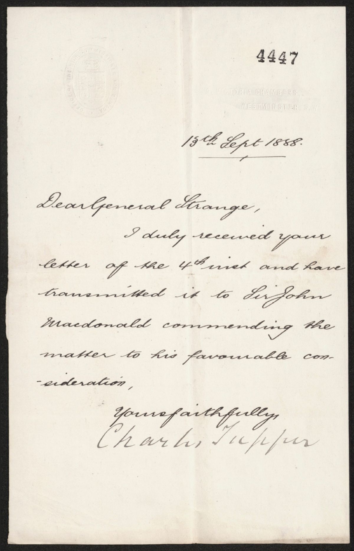 Lettre de Charles Tupper à T. B. Strange | BAnQ Numérique