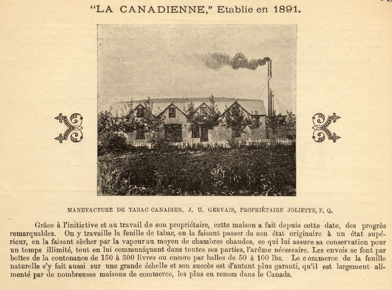 Manufacture de tabac canadien. J. U. Gervais, propriétaire. Joliette, P
